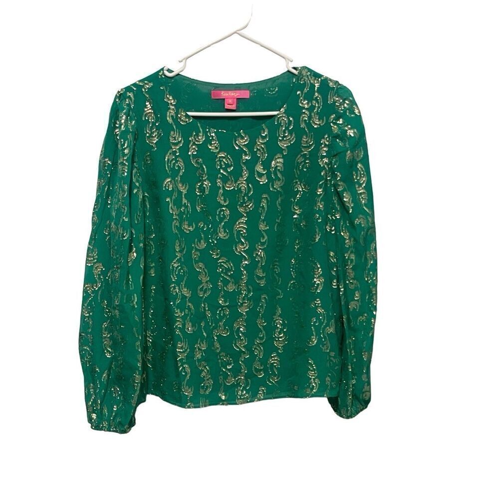 Lilly Pulitzer Miriam Silk Blouse Salty Waves Emerald Green Gold Metallic Size M - Picture 2 of 7
